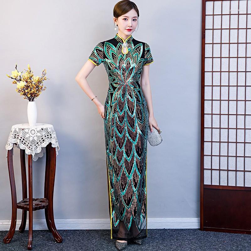 

Ethnic Clothing Women Retro Elegant Sequins Long Fork Cheongsam Sexy Fashion Stage Show Party Dress Chinese Traditional Qipao Novelty