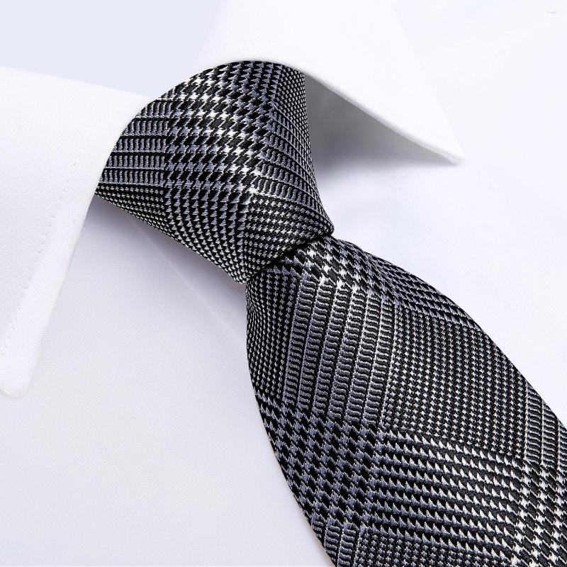 

Bow Ties Houndstooth Black Silver Luxury Silk For Men Business Wedding Neck Tie Handkerchief Cufflinks Set Men's Gift Wholesale Item