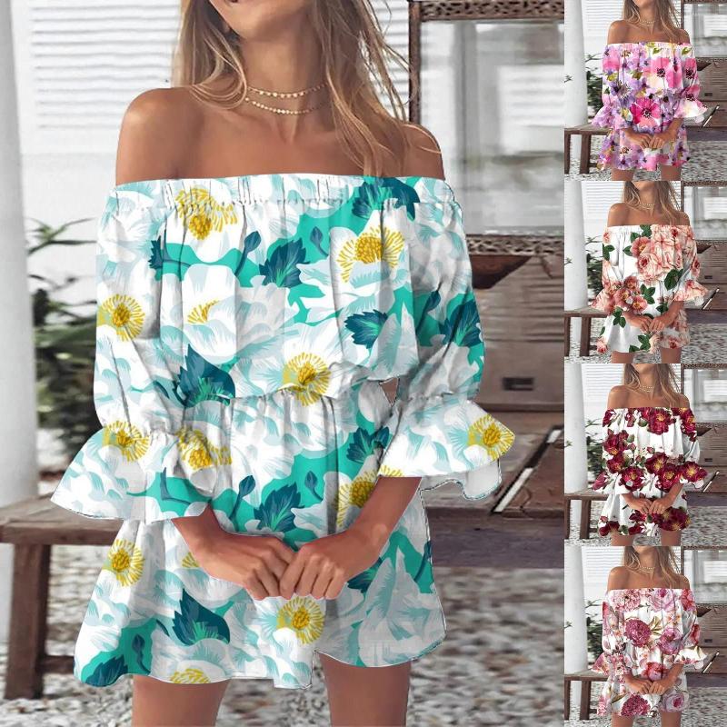 

Casual Dresses Summer For Women Vintage Floral Print Beach Sexy Off Shoulder Tunic Sundresses Loose Tee Shirt Dress Knee Length, Wine