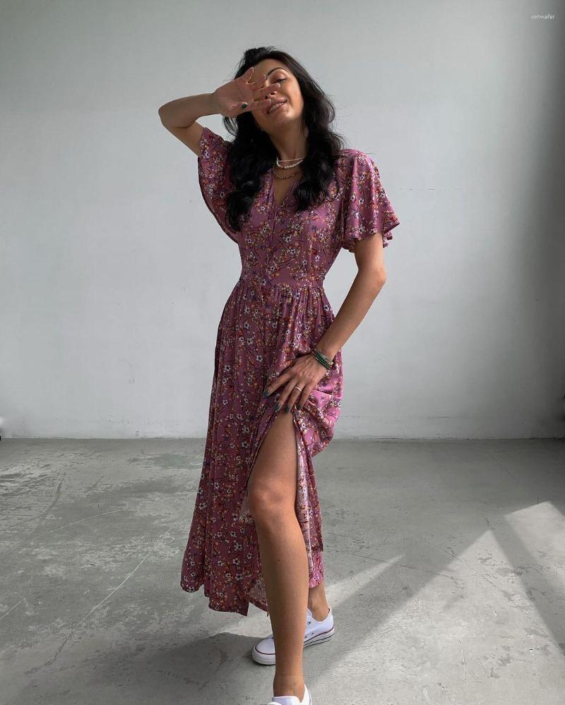 

Casual Dresses 2023 Fashion Slim Fit Style V-neck Single Breasted Short Sleeve Tunneled Waist Split Floral Dress, Purple