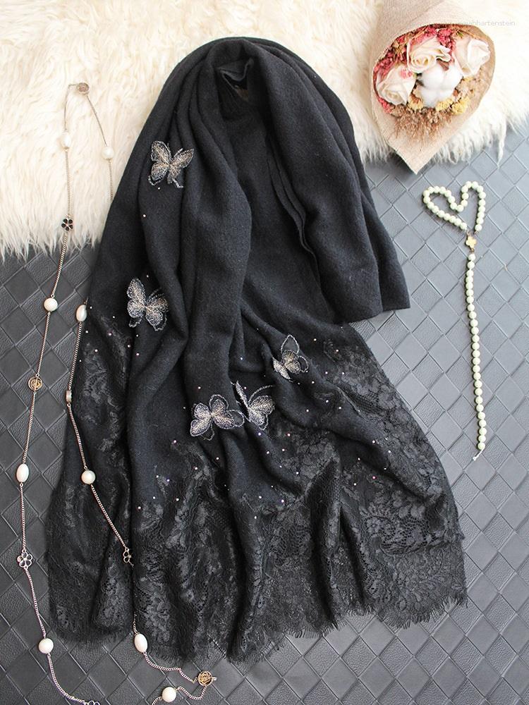 

Scarves Wool Scarf W Lace Patchwork Women Top Grade Winter Wraps Shawl Embroidery Butterfly 224 74cm Female Luxury Gifts