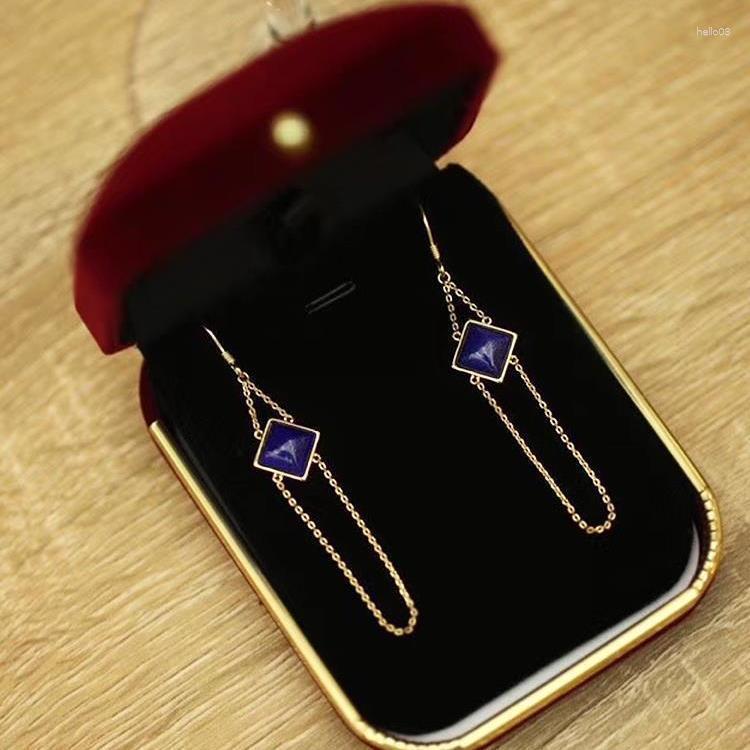 

Dangle Earrings Designer's Unique Creative Natural Lapis Lazuli Long Geometric Diamond Elegant Charm Female Silver Jewelry