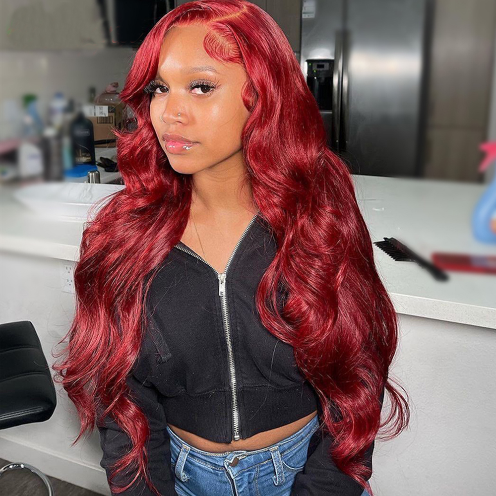 

New Design13x4 13x6 Hd Lace Frontal Wig Body Wave Wig Burgundy Lace Front Wig Glueless Human Hair Pre Plucked 99j Red Colored Wig 28 Inch