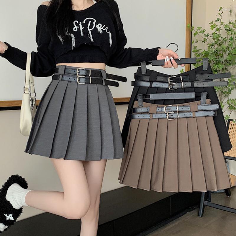 

Skirts 2023 Spring Summer Women Pleated Mini Belt Female High Waist A-line Ladies Preppy Style A233, Black