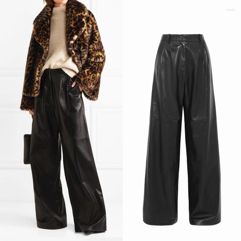 

Women's Pants Can Fit 190cm Height Longer Length Fashion Brand Water Wash PU Leather Female Punk Hip Bag Wide Leg Trousers Wq274, Normal length