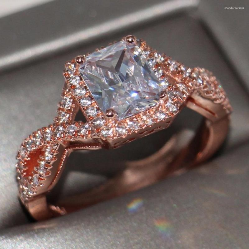 

Cluster Rings Cross Band Wedding Ring For Women Luxury Jewelry 925 Sterling Silver&Rose Gold Filled Princess Cut 5A CZ Zirconia Cute