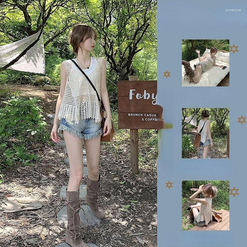 

Women's Tracksuits 2023 Summer Suit Women's Solid Color Undershirt Knitted Vest Fur Edge Denim Shorts Three Sets Y2K, Beige