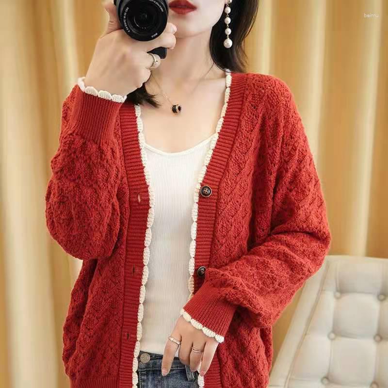 

Women's Knits Knitwears Flower Hollow Out Knitting Cardigan Coat Thin Women Long Sleeve With Ins Outside Wear Sweaters V-neck Sweater, Black