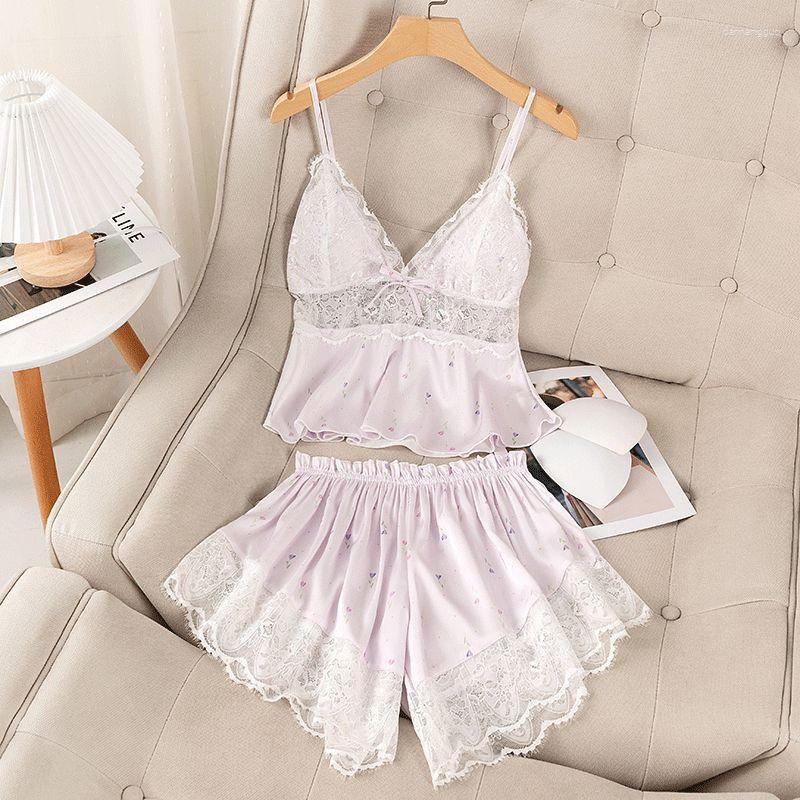 

Women's Sleepwear Sexy Print Lace Pijamas Suit Strap Top&Shorts Intimate Lingerie Summer Women Pajamas Set Silky Satin Home Clothes