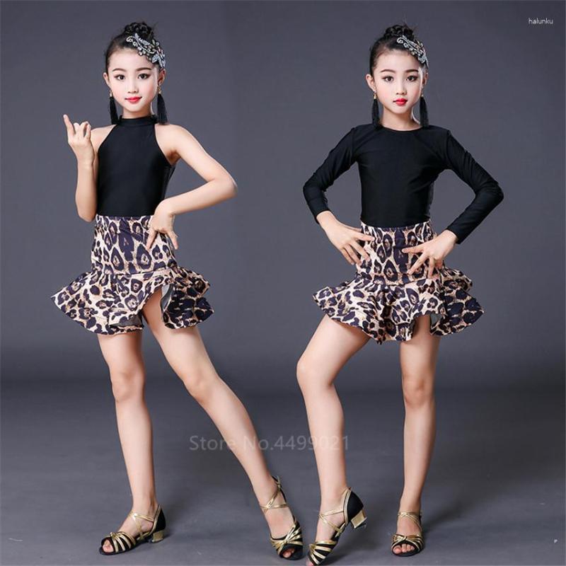

Stage Wear Girls Latin Dance Leopard Print Fringe Dress Kids Ballroom Competition Evening Party Performance Clothing Top Skirt Set, Style3