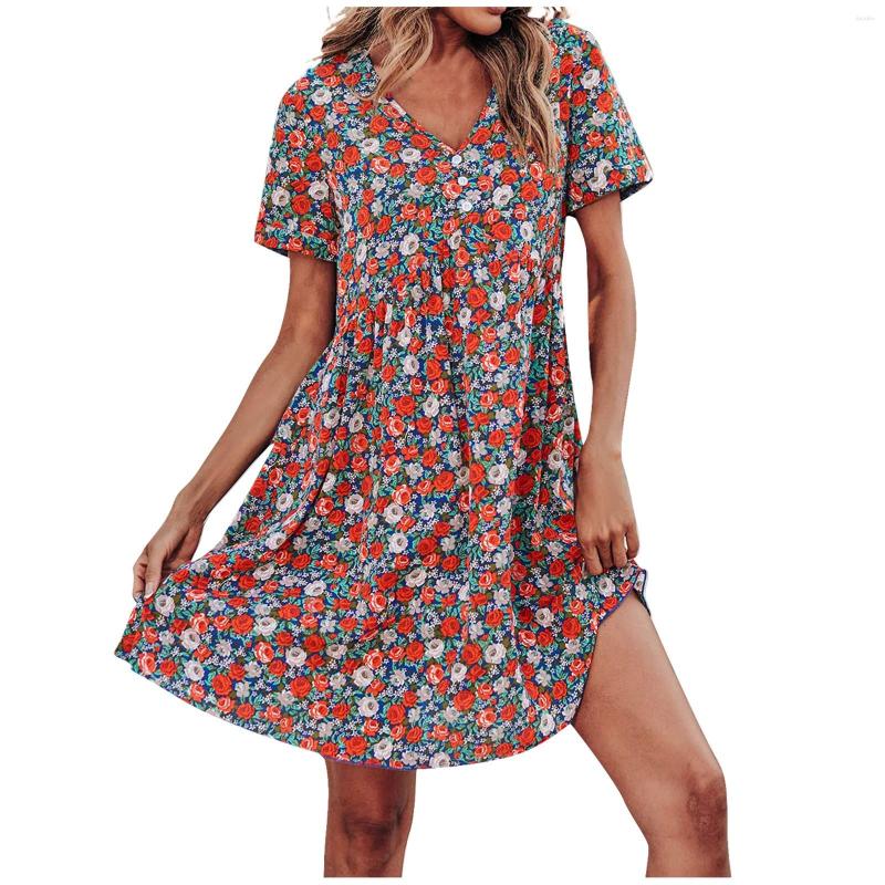 

Casual Dresses Dress For Women Spring Summer 2023 Deep V-neck Button Print Short Sleeves Loose Womenswear Streetwear Vestidos, Orange