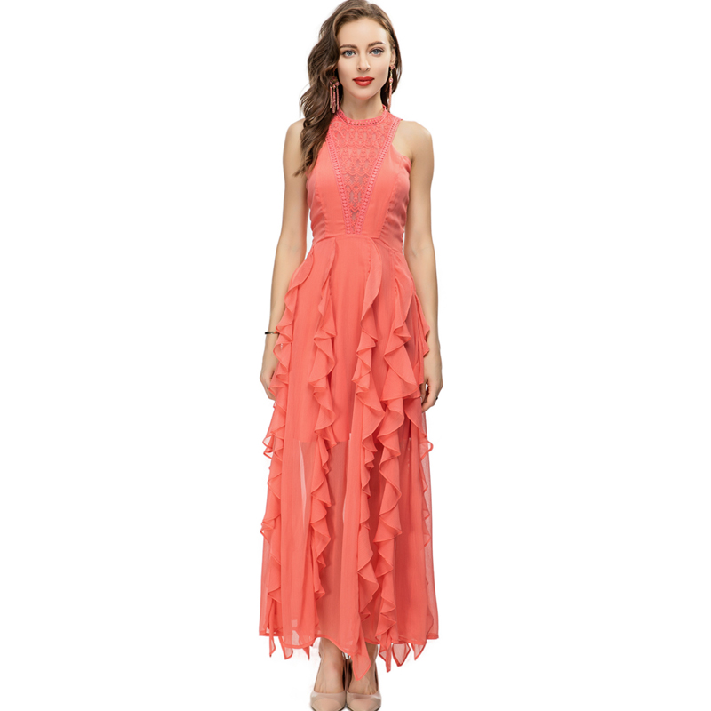 

Women's Runway Dresses O Neck Sleeveless Embroidery Ruffles Elegant Fashion Designer Party Prom Vestidos, Champagne