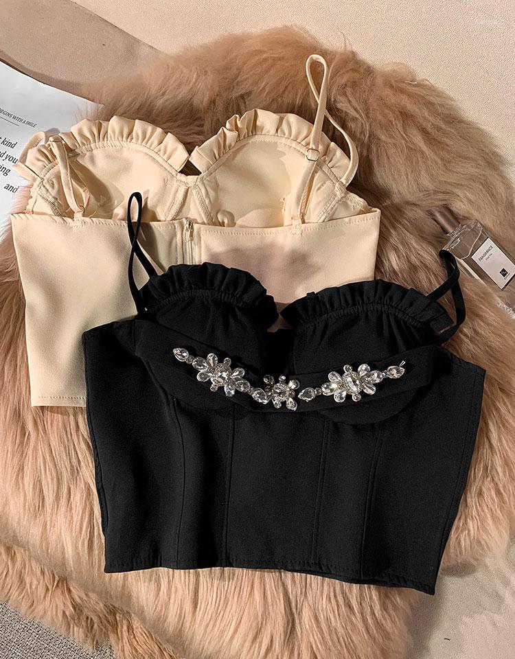 

Women' Tanks Women' Spaghetti Strap Padded Rhinestone Short High Waist Bustier Camis SMLXL, Beige vest