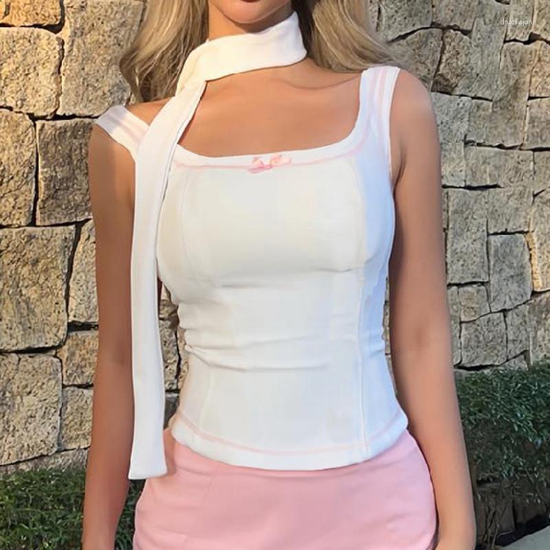 

Women' Tanks Gaono Sweet Girl Cute Bow Tank Tops With Scarf Korean Chic Women Sleeveless Slim Fit Vest Y2K Fairy Kawaii Crop, White