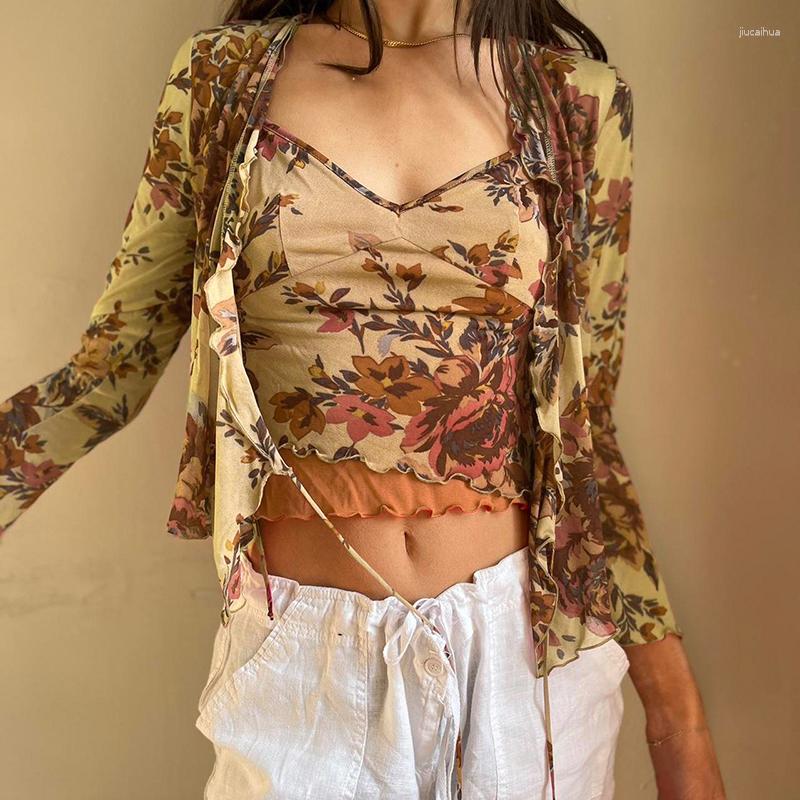 

Women' Tanks Fairycore Grunge Leaf Printed Frill Tiered Y2k Crop Top Brown Cute Aesthetic Sleeveless Tops Sexy Vintage Camis Female, Auburn
