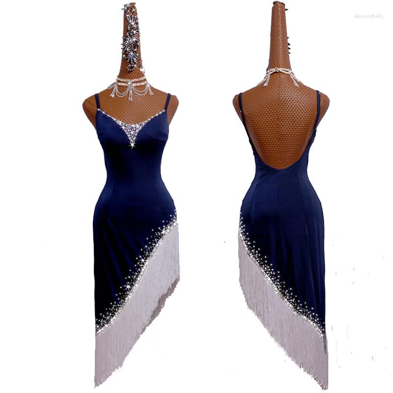 

Stage Wear Summer Latin Dance Dress Competition Dresses Sexy Costumes Skirt Performing Adult Customize Children Blue Fringed Skirts