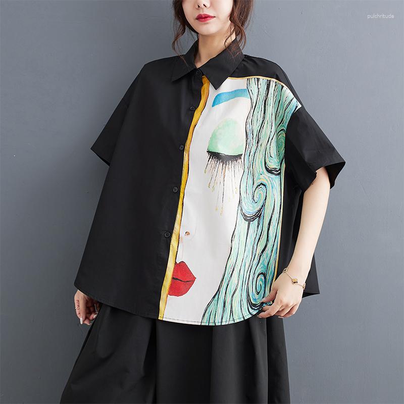 

Women's Blouses Korea Style 3D Printing Single Breasted Loose Black White Chic Girl's Summer Blouse Shirts Street Fashion Women Casual