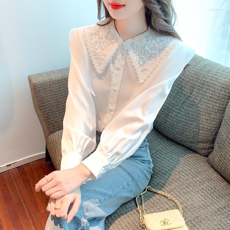 

Women' Blouses Spring And Summer Women' Long-Sleeved Commuting All-Around Plain Color Embroidered Chiffon Shirt Women Tops Blouse C100, White