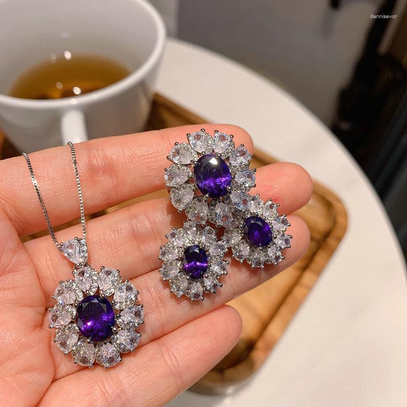 

Necklace Earrings Set Bilincolor Trendy Purple Flower Earring And Ring For Women Wedding Jewelry, Picture shown