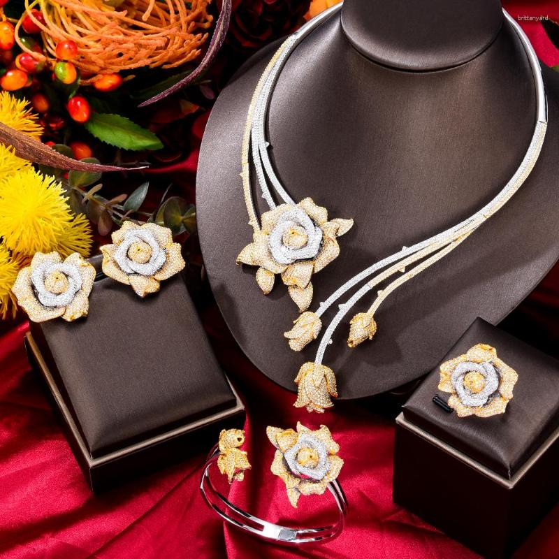 

Necklace Earrings Set Missvikki 4 PCS Shiny Charm Flower Bangle Ring Jewelry For Bridal Wedding Women Party Show Gift, Picture shown