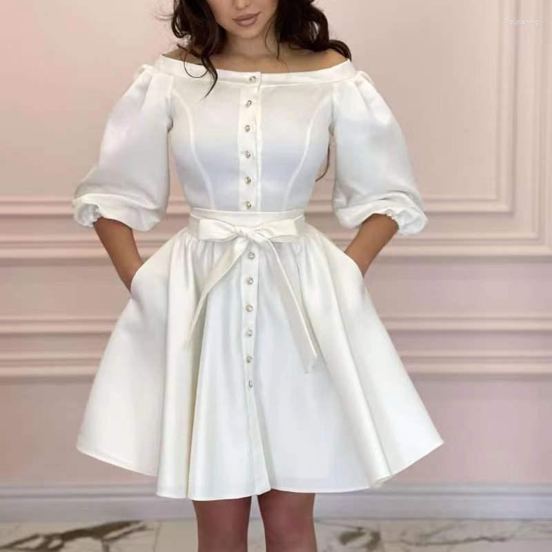 

Casual Dresses Office Party Single-Breasted Dress Vestidos Spring Sexy Slash Neck Off Shoulder Women Butterfly Sleeve Belted, 02 pink