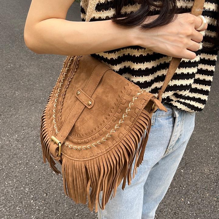 

Evening Bags Women Fringed Messenger Bag Faux Suede Fringe Tassel Boho Style Crossbody Female Casual Purse Travel, Camel