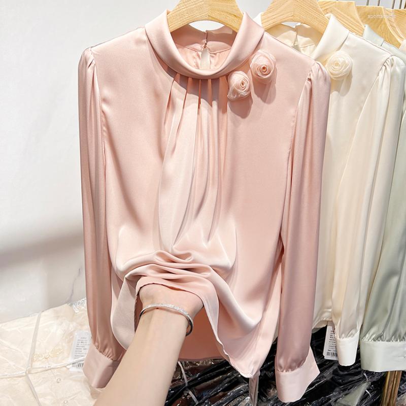 

Women's Blouses Female Blouse Spring Temperament Flower Solid Color Button Pullover Tops Women's Long-sleeved Satin Imitation Silk Shirt, Pink