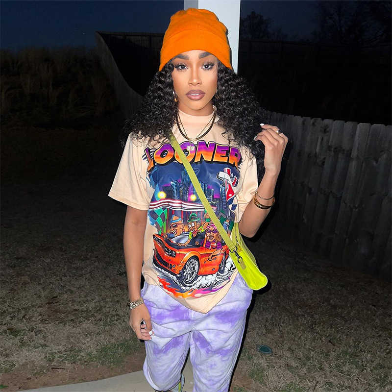 

2023 Women' Summer New Street Fashion Print Versatile Round Neck Short Sleeve T-shirt Top, Apricot