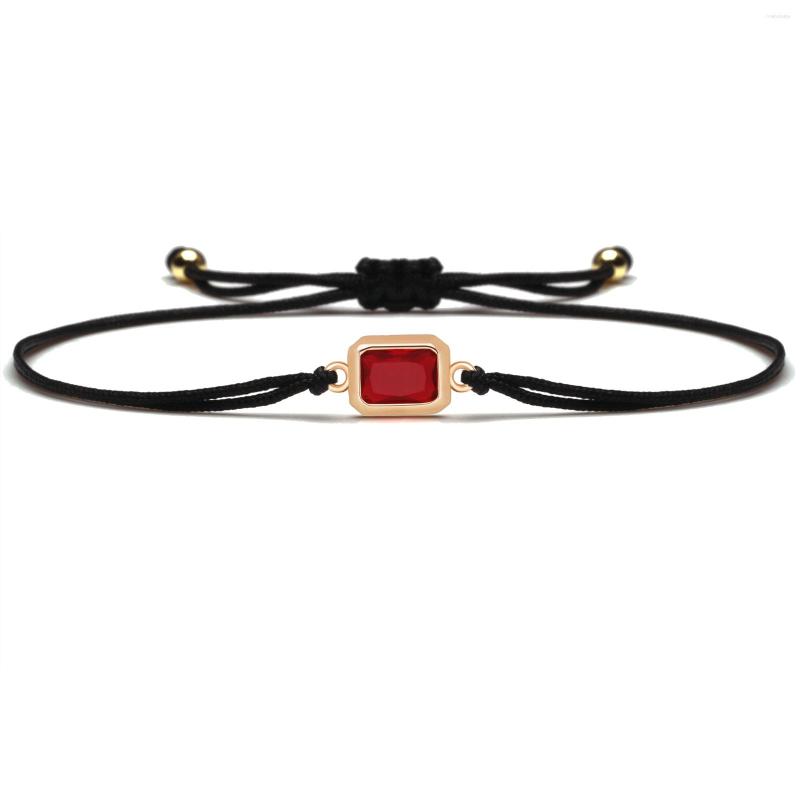 

Charm Bracelets Red Cubic Zirconia Stone Micro Paved Brass Rectangle Bracelet Korean Delicate CZ Black String Handmade Jewelry Present