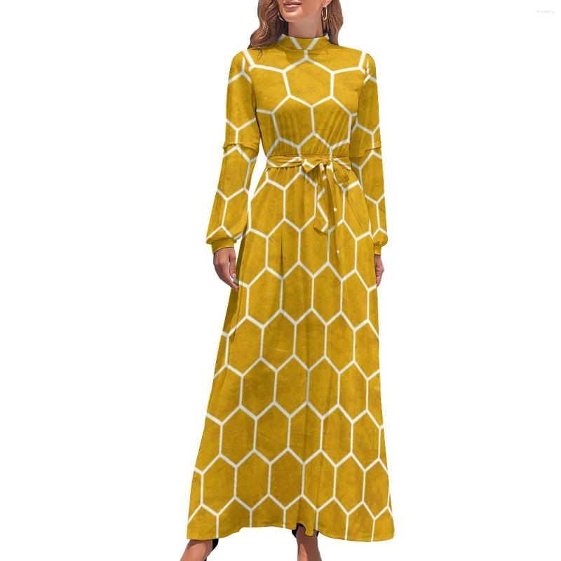 

Casual Dresses Geometry Print Dress Yellow Hexagon Elegant Maxi Korean Fashion Boho Beach Long High Waist Custom Vestido, Style-12