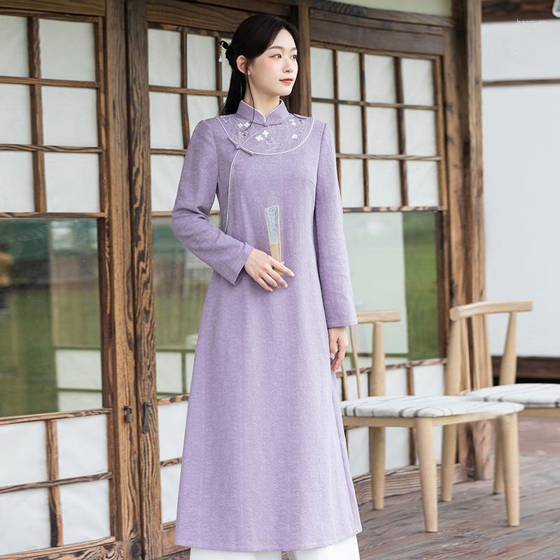 

Ethnic Clothing Cotton Chinese Dress Qipao Robe Vintage Femme Vestidos Mandarin Collar Long Sleeves Buttons Cheongsam Han 12743