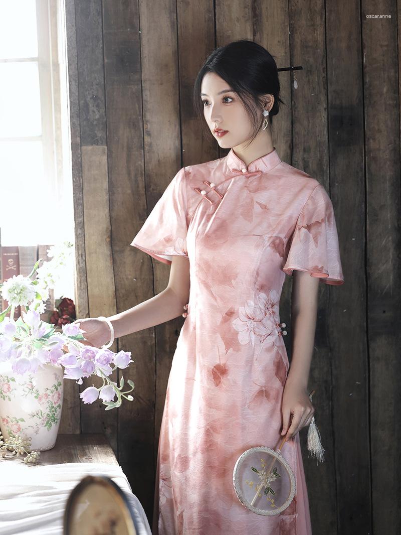 

Ethnic Clothing Vintage Banquet Pink Floral Print Cheongsam Women Mandarin Collar Long Qipao Evening Party Dress Vestidos