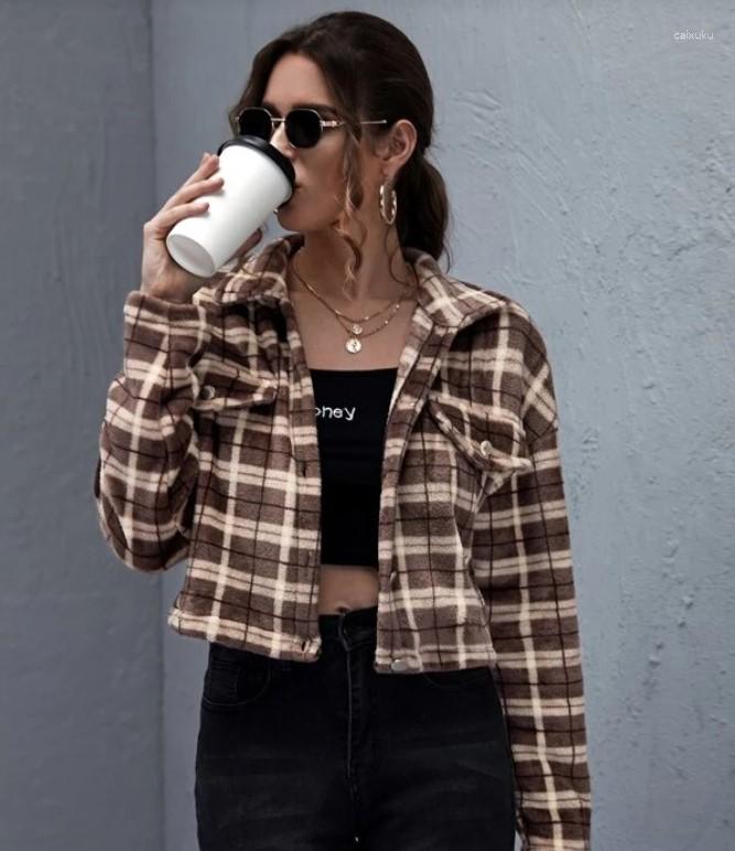 

Women' Jackets Color Match Plaid Checkered Print Cropped Coat Jacket Fall Winter Clothes For Women Warm Thick Long Sleeve Buttons Slim, Red