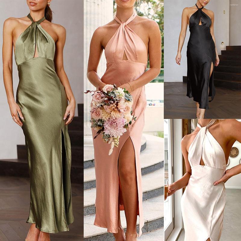 

Casual Dresses Ladies Summer Satin Soft Fabric Halter Neck Strap Design High Slit Womens Midi Length Retro Evening For Women, Black