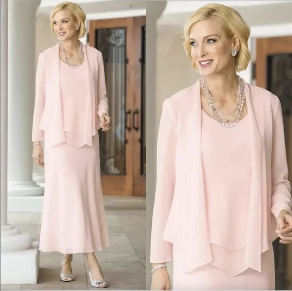 

Blush Pink Sheath Mother Of The Bride Dresses With Long Sleeves Jacket Three Pieces Chiffon Ankle Length Women Formal Party Groom Mother's Dress For Wedding CL188