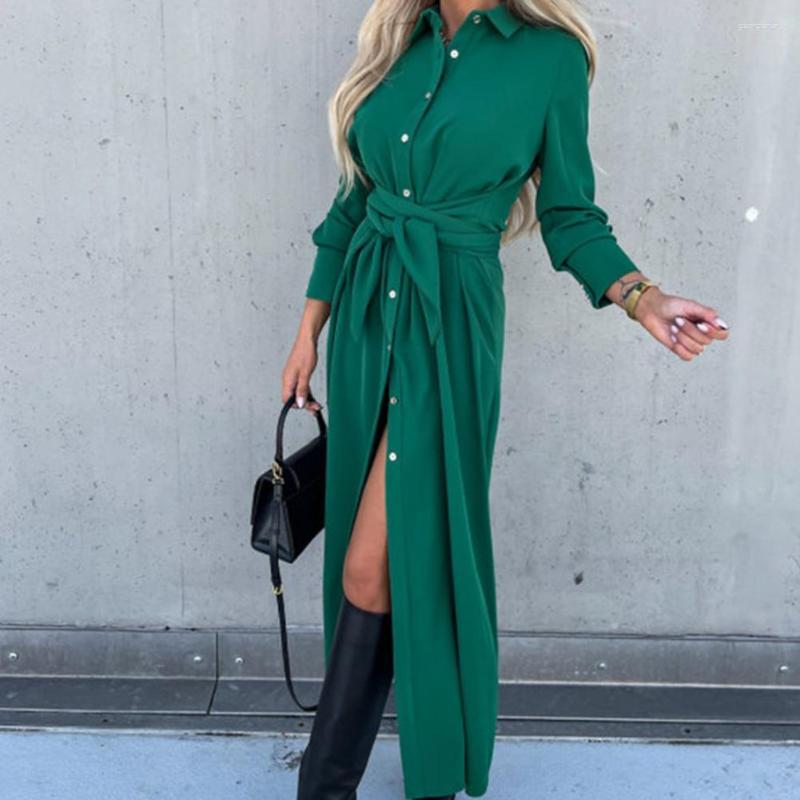 

Casual Dresses Charming Dress Intellectual Autumn Waist Tight Elegant Single Breasted Lady Long Shirt, Red