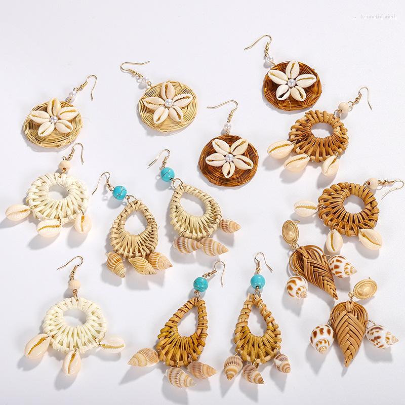 

Dangle Earrings Bohemian Style Fashion Retro Hand-Woven Bamboo Rattan Unique Design Shell Accessories For Women
