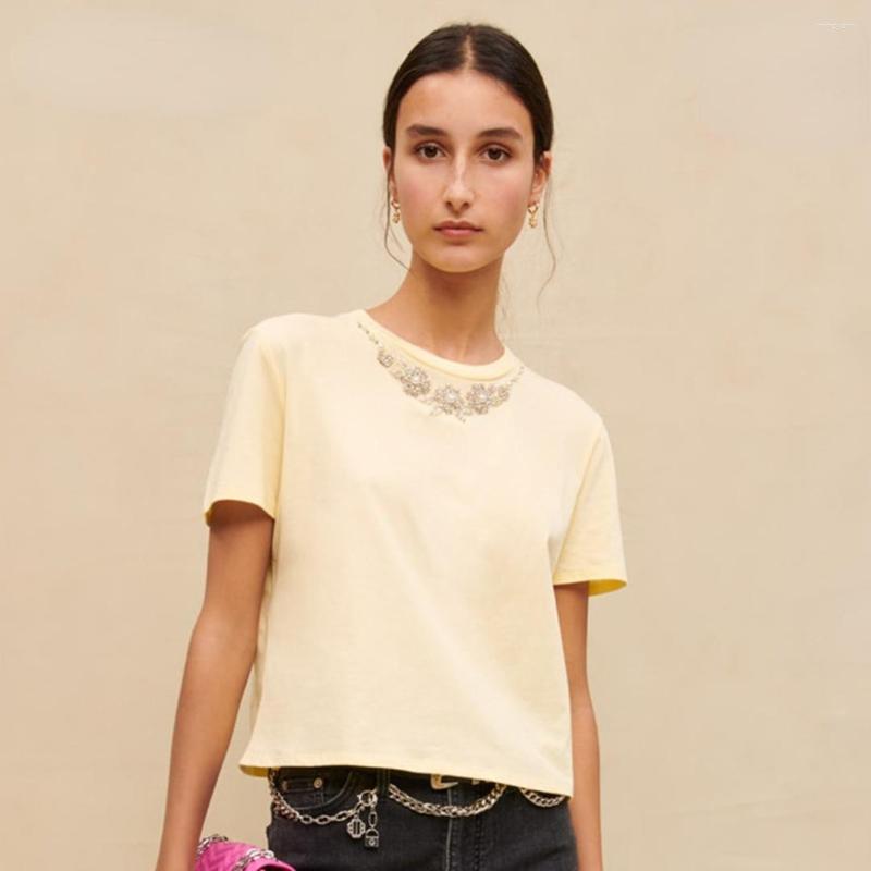 

Women's T Shirts IOO 2023 Spring Women's Solid Color Cotton T-shirt With Diamond And Bead Design At Neckline Free Ship Brand M High, Yellow