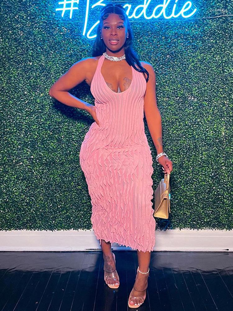 

Casual Dresses Weird Puss Ruffles Patchwork Dress Women Y2K Halter Bandage Backless Sleeveless Summer Sexy V-Neck Elegant Maxi Bodycon