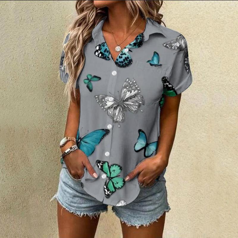 

Women's Blouses Shirt For Women Fashion 2023 Flower Printed Short Sleeve V Neck Top Blouse Oversized Tops Summer Tunics Blusas Mujer, Grey