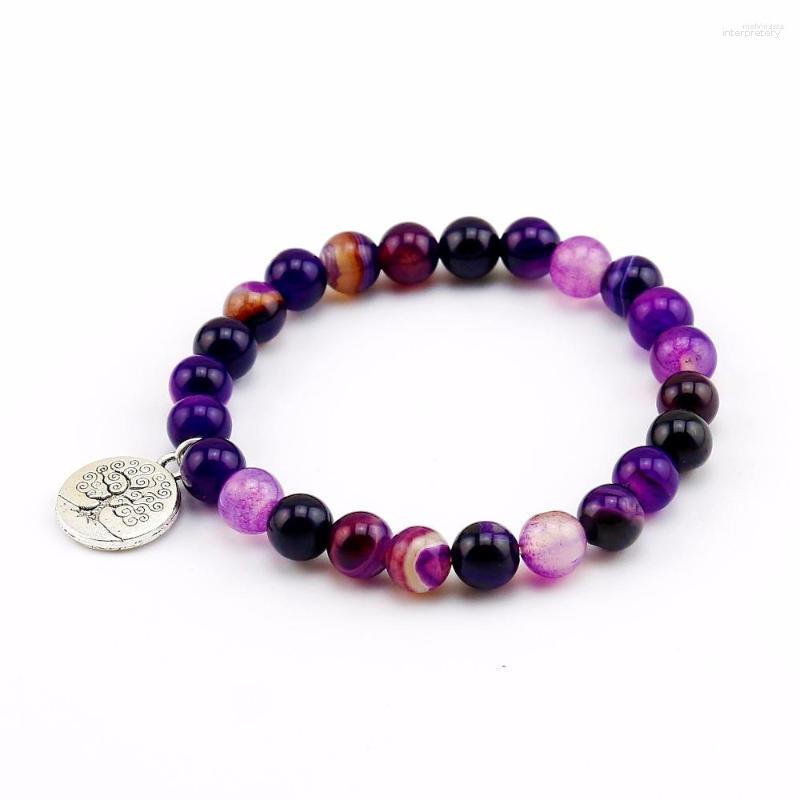 

Strand 8MM Natural Purple Stripe Onyx With Tree Life Elastic Bracelets Stretch Boho Yoga Bracelet Holiday