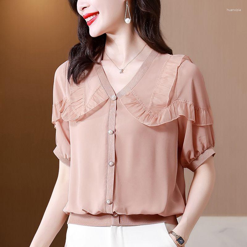 

Women's Blouses 2023 Summer Fashion Trend Commuter Casual French Sweet V-neck Panel Ruffle Edge Loose Covering Belly Slim Women's Shirt, Pink