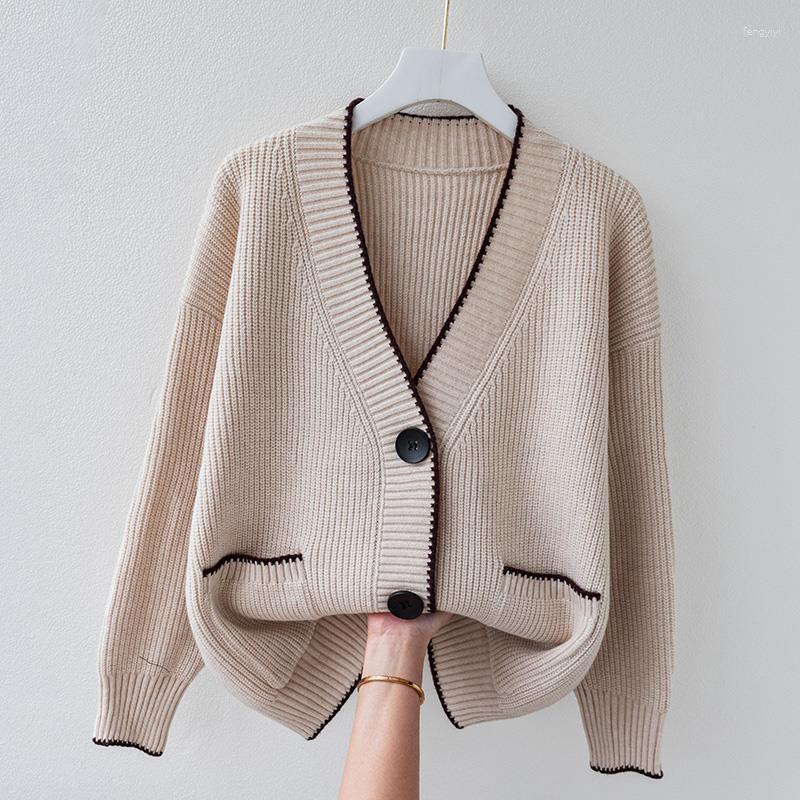 

Women's Knits 2023 Women's Spring Autumn Loose Solid Color Cardigans Female V-neck Sweater Coats Ladies Long Sleeve Knitted Jackets D380, Apricot