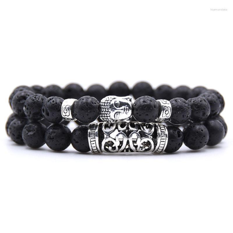 

Charm Bracelets Fashion Couple Bracelet 2 Piece Sets Men Jewelry 8mm Natural Lava Stone Buddha Reiki Prayer Yoga Women Bileklik Raym22