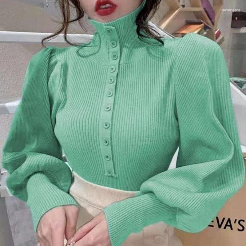 

Women's Knits Solid Knitted Women Sweater Cardigan Autumn Winter Puff Sleeved Turtleneck Elegant Office Lady Outwear Coats Tops, Green