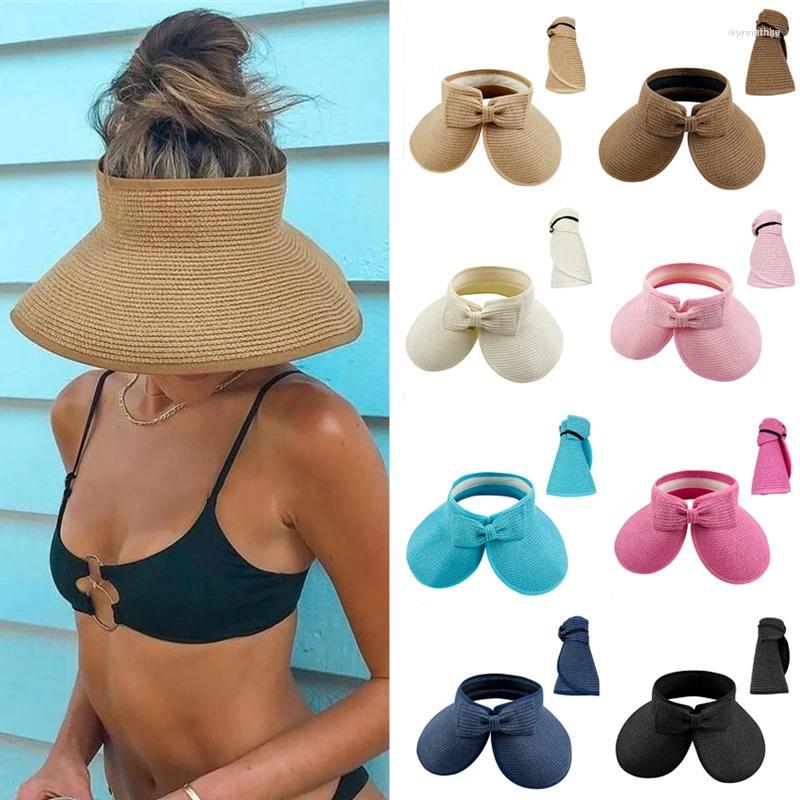 

Berets 2023 Summer Foldable Straw Hat Women Roll Up Sun Visor Wide Brim Packable UV Protection Cap For Beach Travel Bonnet, 12