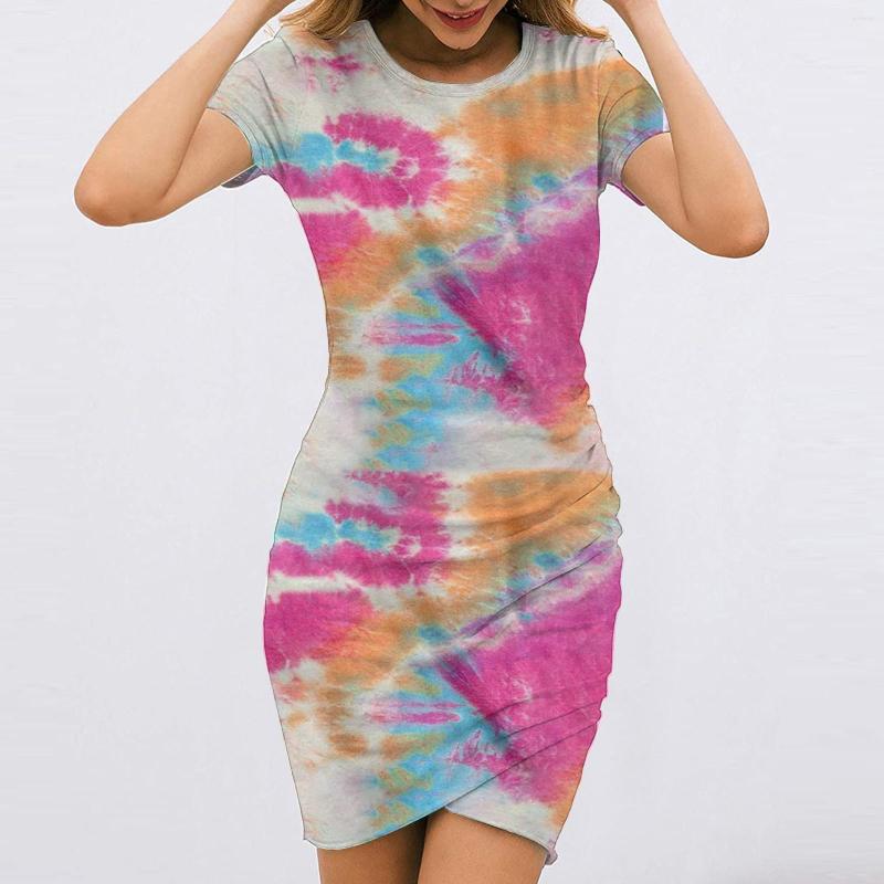 

Party Dresses Sagace Dress Women Vestidos For 2023 Tie-dye Printed Short Sleevele Ruched Round Neckline Cross Hem Mini, Rd
