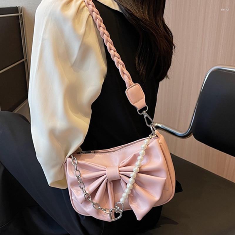

Evening Bags Big Bow Y2K Style Women's Underarm Shoulder Bag Pearls Strap PU Leather Shopper Top-handle 2023 Female Daily Handbag Purses