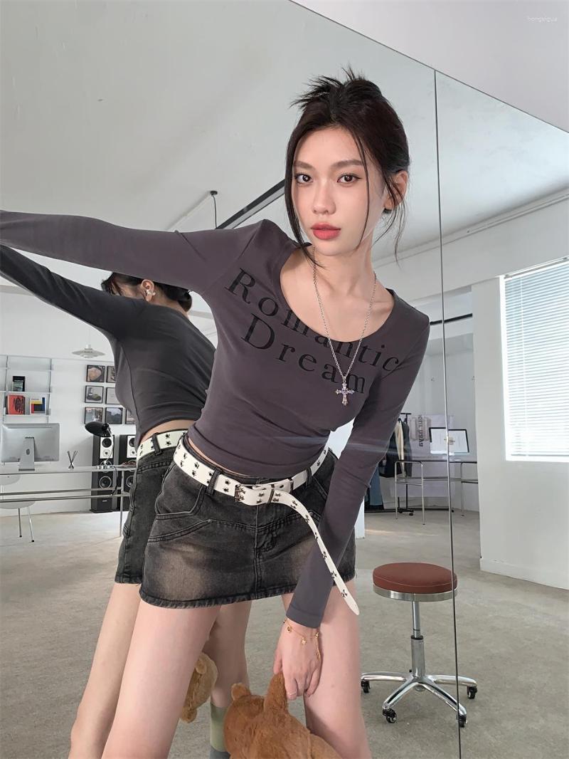 

Women' T Shirts Y2k Retro Shirt Women Square Collar Crop Top Long Sleeve Slim Letter Grunge Tee Tops America Funny Autumn, Khaki