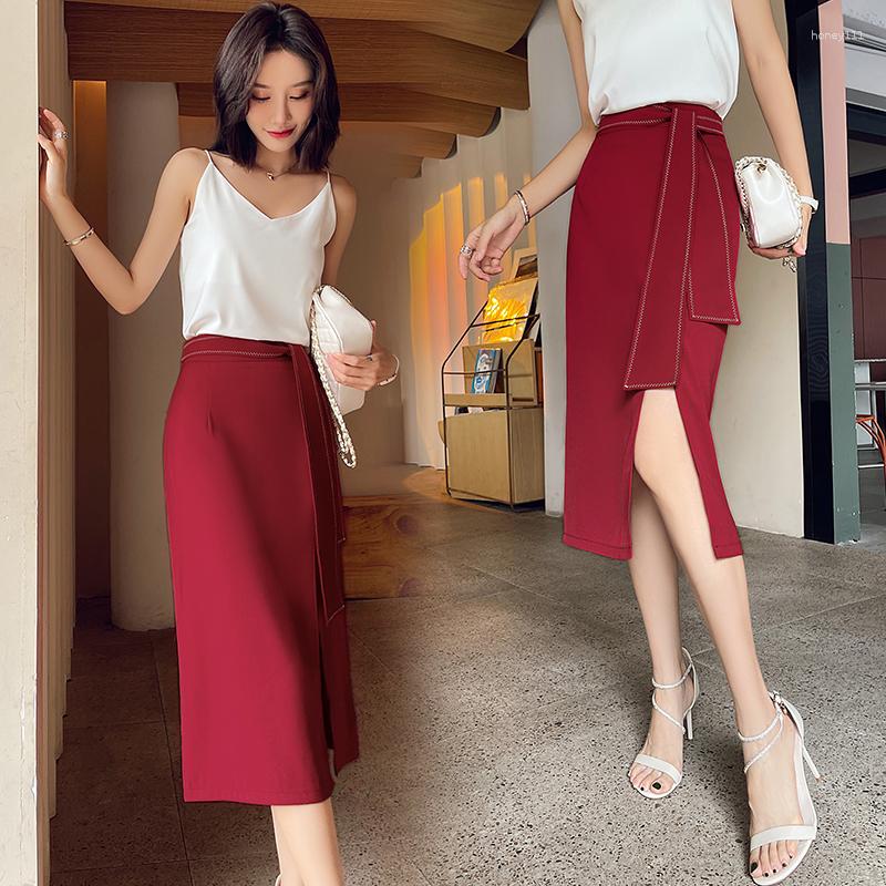 

Skirts Skirt Women' Spring/Summer 2023 Fashion Bandage Versatile High Waist Hip Mid Length Split One Step Trend, Red